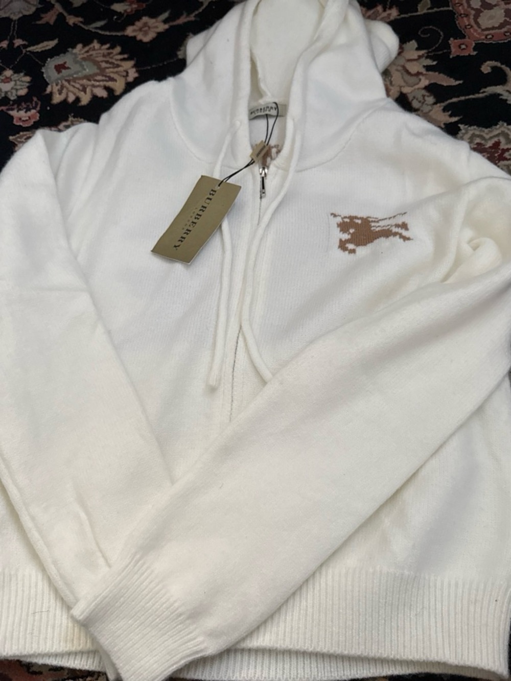 White Hoodie Sweater with Tan Logo